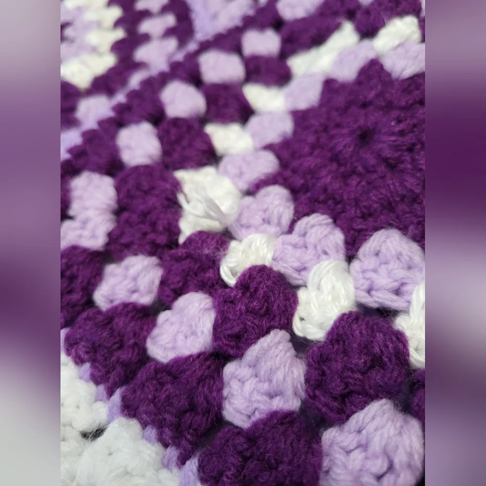 Purple and White Block Handmade Crochet Afghan Throw Lap Yarn Blanket 46